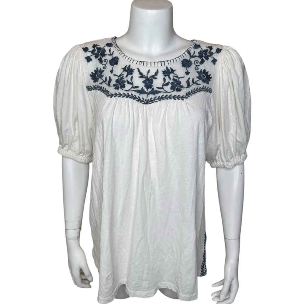 Sundance Embroidered Peasant Top Tunic L Cotton Linen Floral White Blue